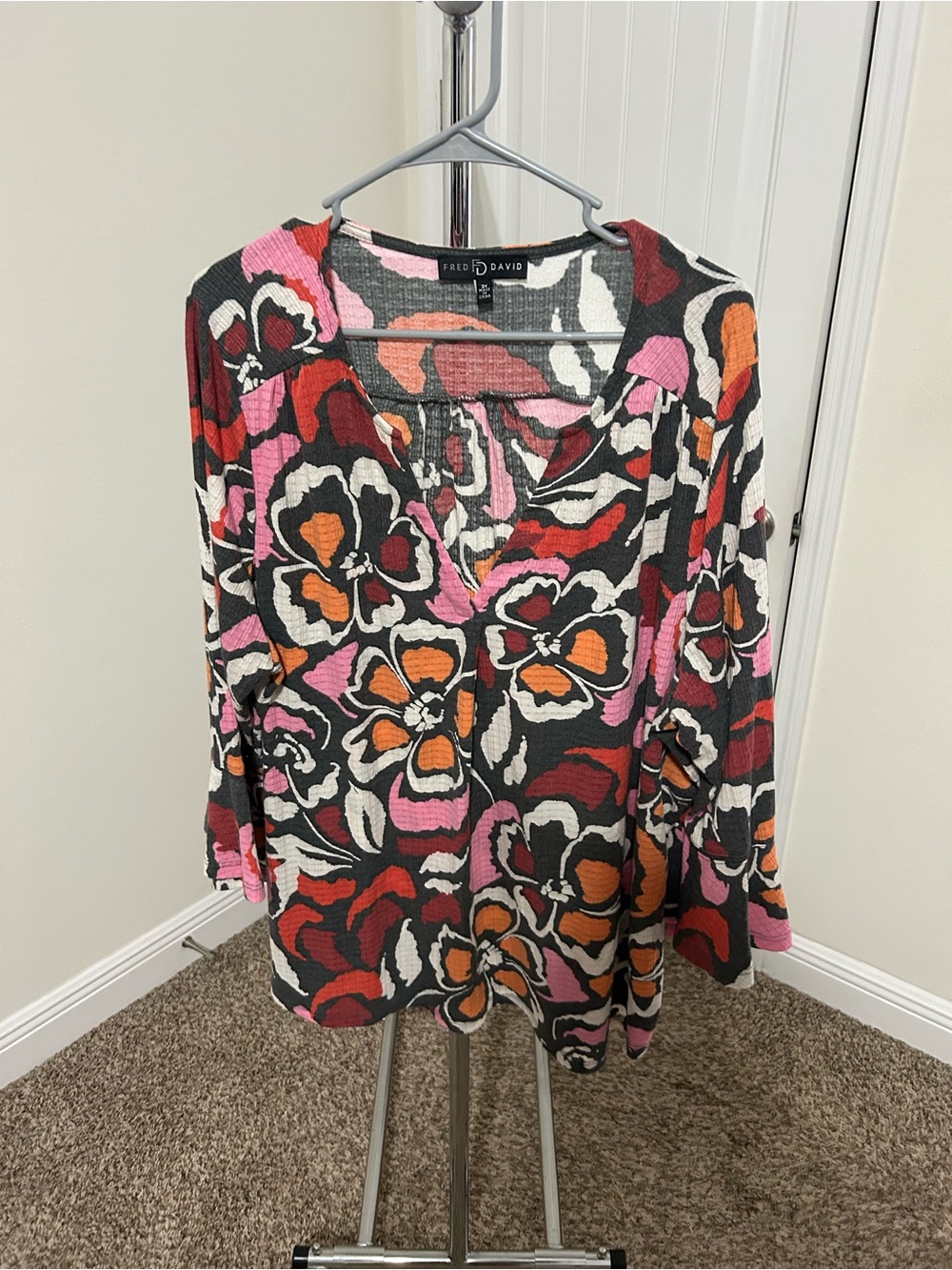 Fred David Floral V-Neck Tunic Top - Pink, Orange, Black